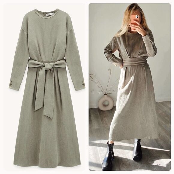 Zara Linen Blend Midi Dress New - Picture 1 of 6